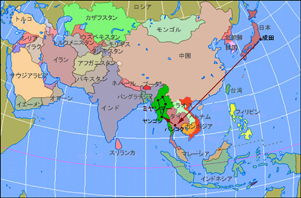 ミャンマーへの経路図